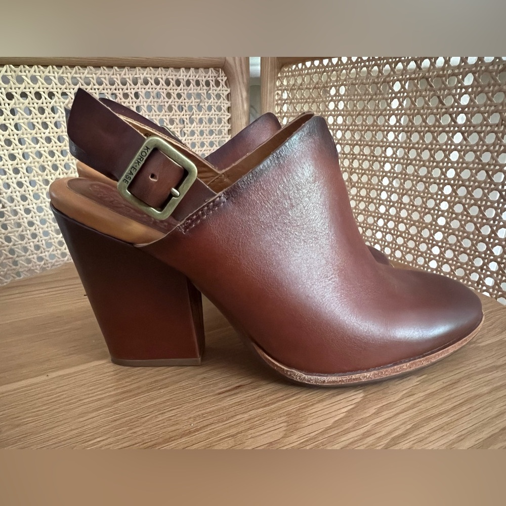 Kork-ease brown leather wedge heel clog with strap. Size 6.